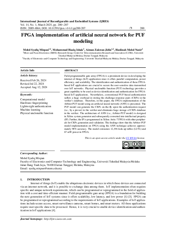 (PDF) FPGA implementation of artificial neural network for PUF modeling