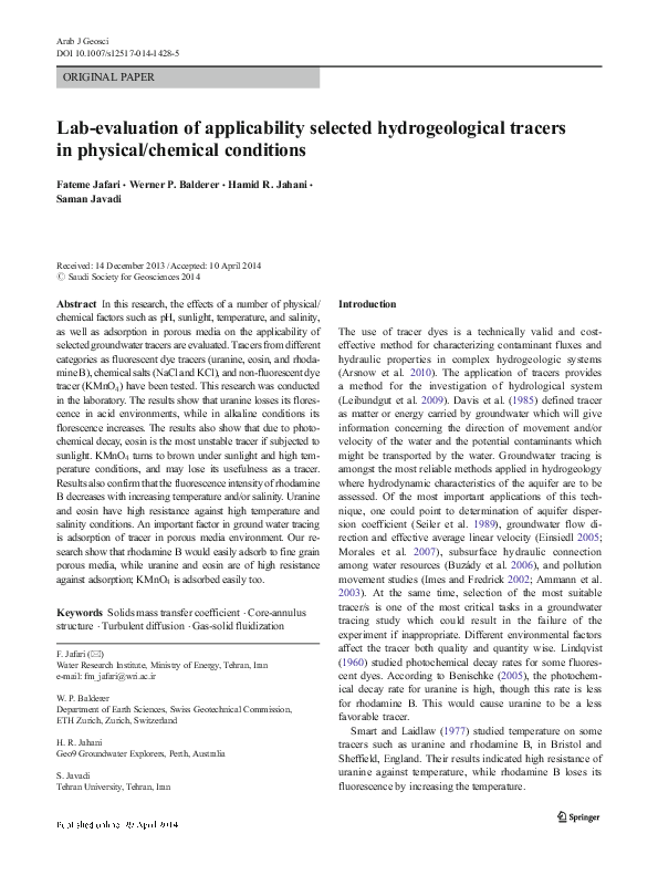 (PDF) Lab-evaluation of applicability selected hydrogeological tracers ...