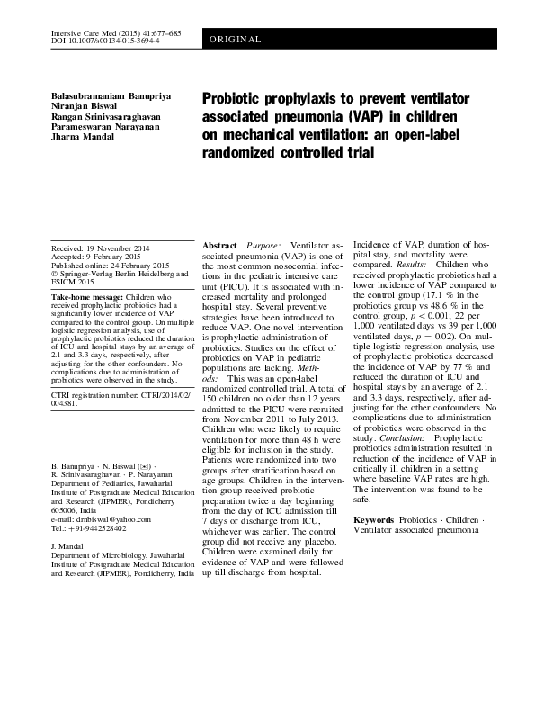 (PDF) Probiotic prophylaxis to prevent ventilator associated pneumonia ...