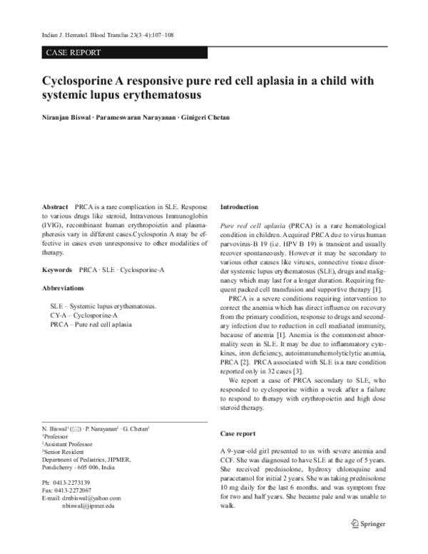 (PDF) Cyclosporine A responsive pure red cell aplasia in a child with ...