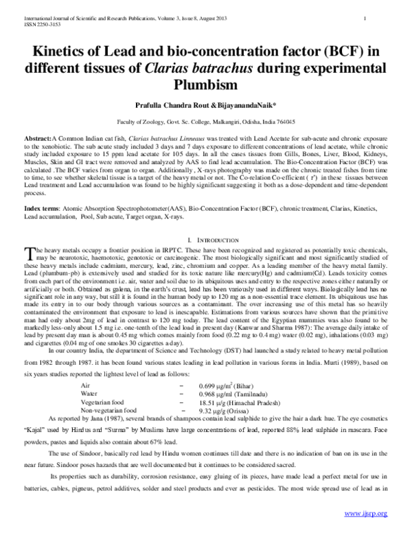 (PDF) Kinetics of Lead and bio-concentration factor (BCF) in different ...