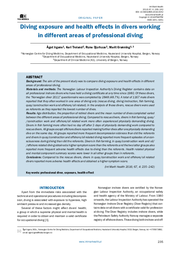 (PDF) Diving exposure and health effects in divers working in different ...