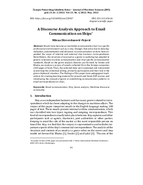 (PDF) A Discourse Analysis Approach to Email Communication on Ships