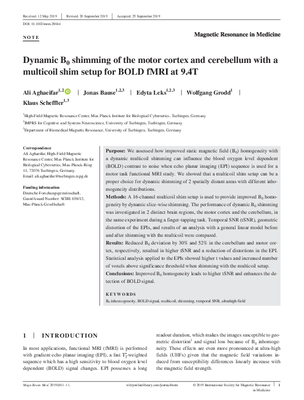 (PDF) Dynamic B 0 shimming of the motor cortex and cerebellum with a ...