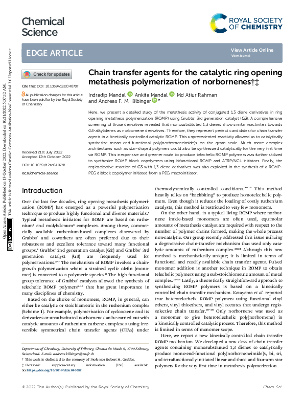 (PDF) Chain transfer agents for the catalytic ring opening metathesis ...