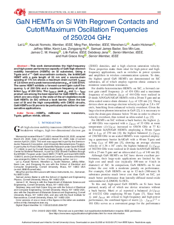 (PDF) GaN HEMTs on Si With Regrown Contacts and Cutoff/Maximum ...
