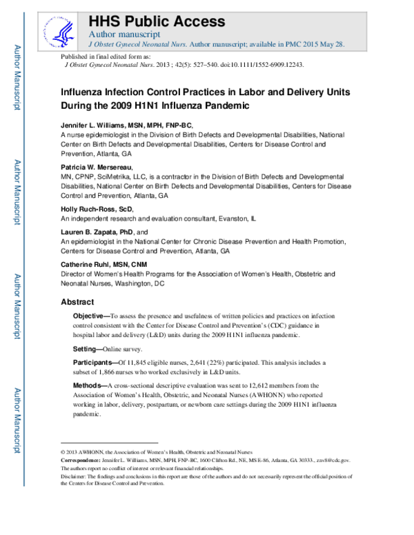(PDF) Influenza Infection Control Practices in Labor and Delivery Units ...