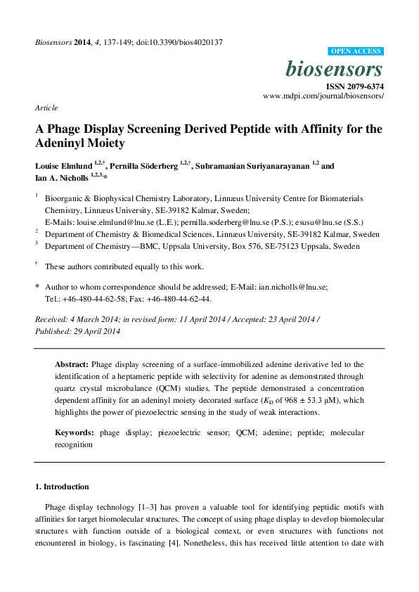 (PDF) A Phage Display Screening Derived Peptide with Affinity for the ...