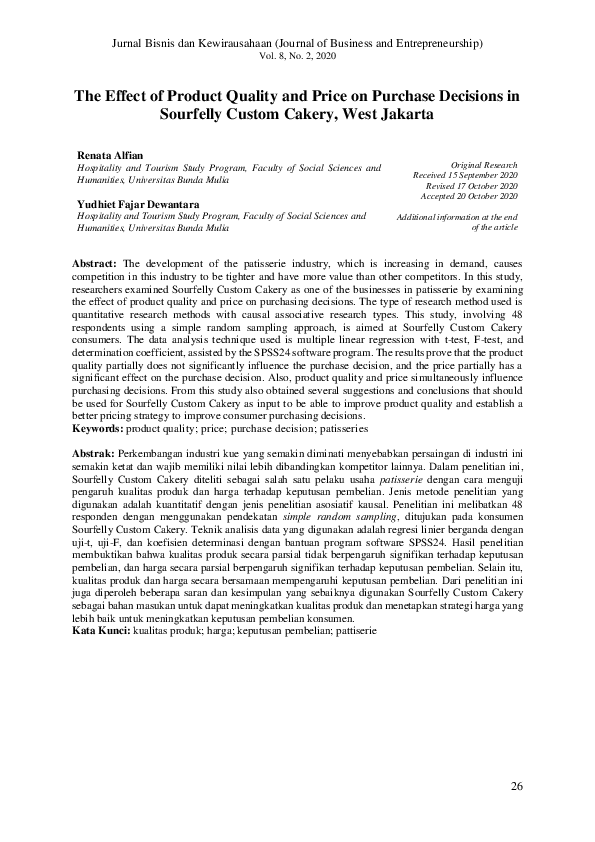 (PDF) The Effect of Product Quality and Price on Purchase Decisions in ...