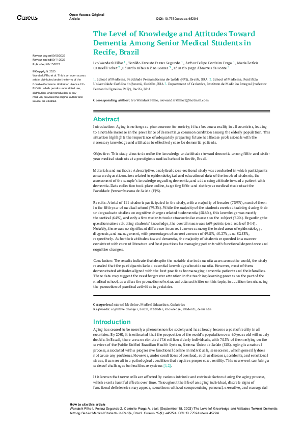 (PDF) The Level of Knowledge and Attitudes Toward Dementia Among Senior ...