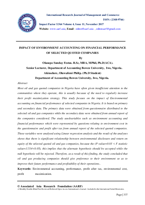 (PDF) Impact of Environment Accounting on Financial Performance of ...