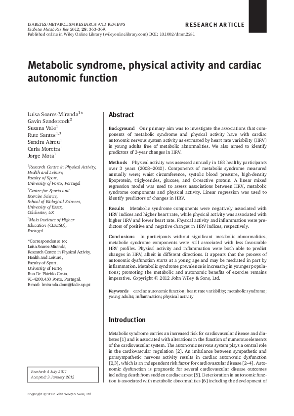 (PDF) Metabolic syndrome, physical activity and cardiac autonomic function