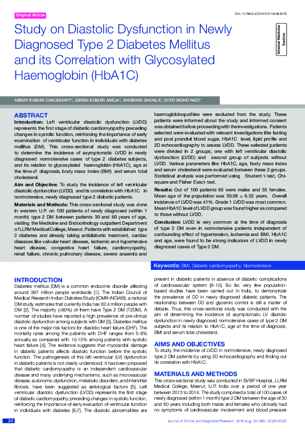 (PDF) Study on Diastolic Dysfunction in Newly Diagnosed Type 2 Diabetes ...