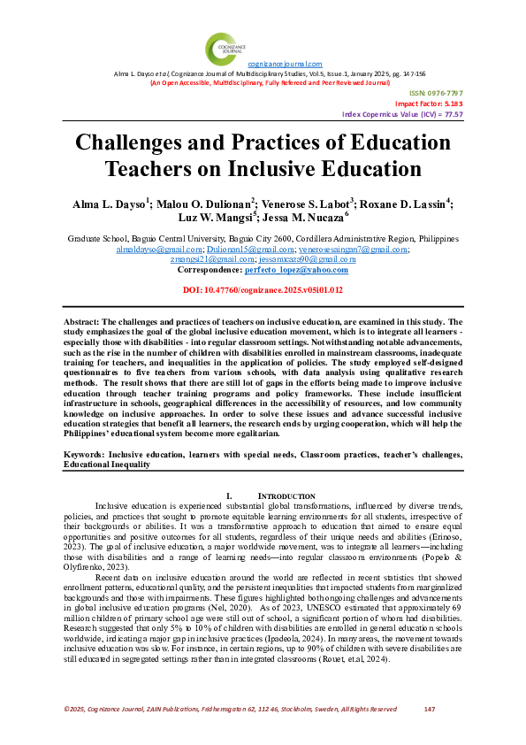 (PDF) Challenges and Practices of Education Teachers on Inclusive Education