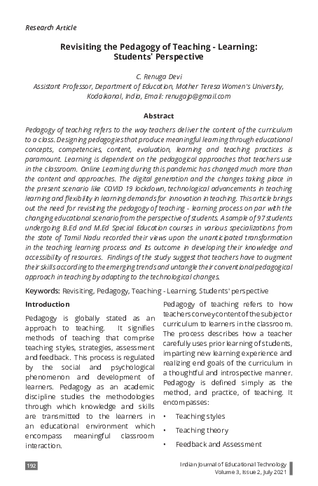 (PDF) Revisiting the Pedagogy of Teaching - Learning: Students' Perspective