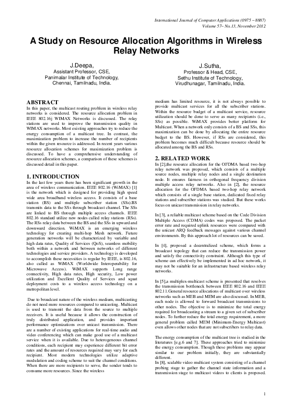 (PDF) A Study on Resource Allocation Algorithms in Wireless Relay Networks