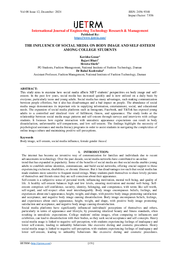 (PDF) THE INFLUENCE OF SOCIAL MEDIA ON BODY IMAGE AND SELF-ESTEEM AMONG ...