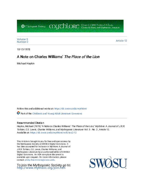 (PDF) A Note on Charles Williams’ The Place of the