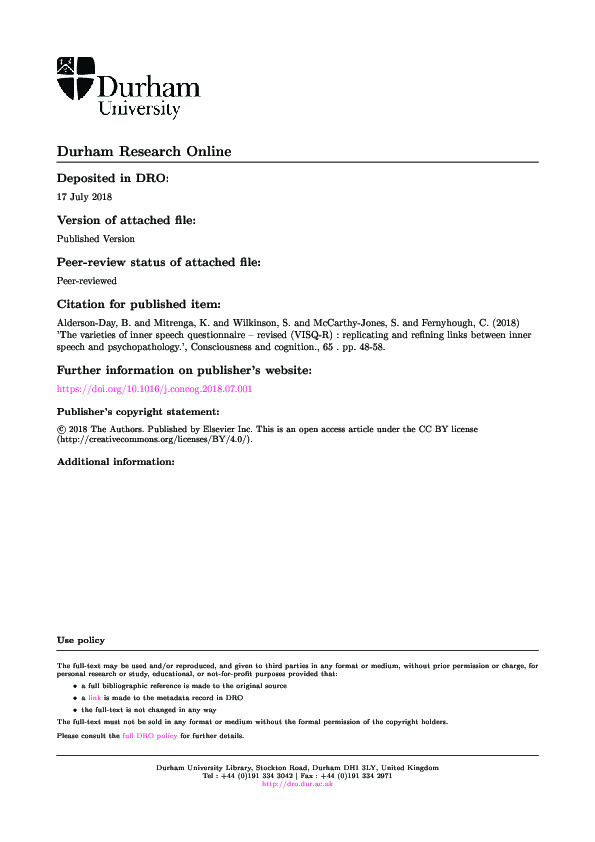 (PDF) The varieties of inner speech questionnaire - Revised (VISQ-R ...