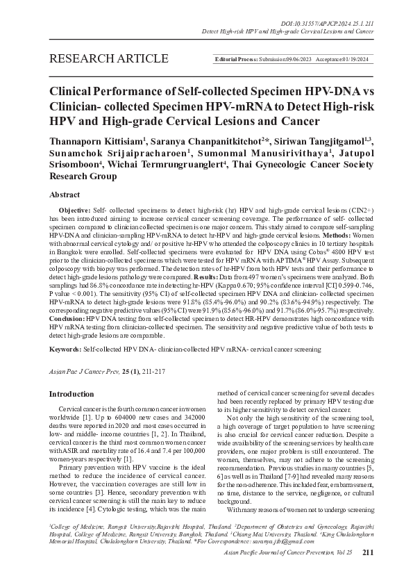 (PDF) Clinical Performance of Self-collected Specimen HPV-DNA vs ...