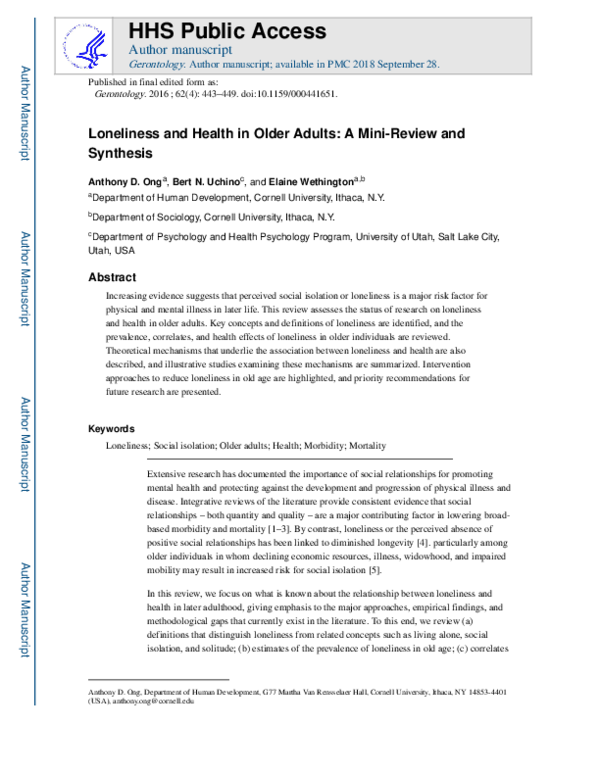 (PDF) Loneliness and Health in Older Adults: A Mini-Review and Synthesis