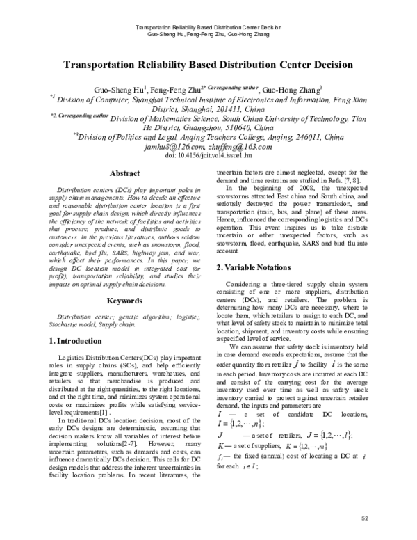 (PDF) Transportation Reliability Based Distribution Center Decision