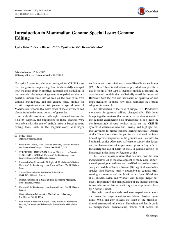 (PDF) Introduction to Mammalian Genome Special Issue: Genome Editing