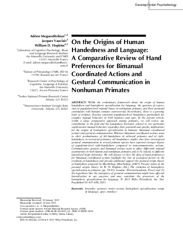 (PDF) On the origins of human handedness and language: A comparative ...