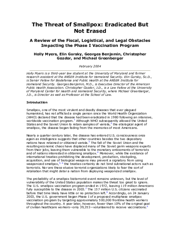 (PDF) The Threat of Smallpox: Eradicated But Not Erased: A Review of ...