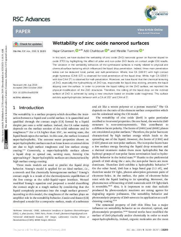 (PDF) Wettability of zinc oxide nanorod surfaces