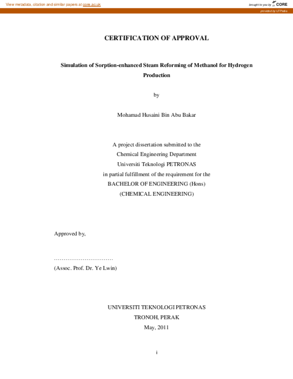 (PDF) Simulation of Sorption-enhanced Steam Reforming of Methanol for ...
