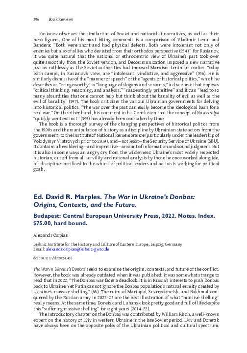 (PDF) Review on: David R. Marples. The war in Ukraines Donbas: origins ...