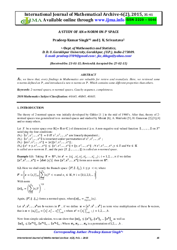 (PDF) A STUDY OF AN n-NORM ON 𝒍𝒑 SPACE