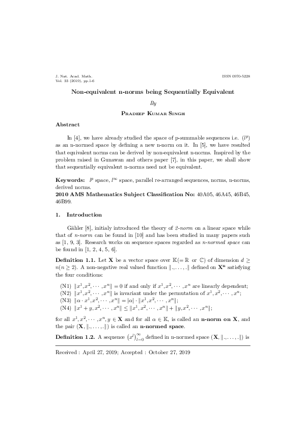 (PDF) Non equivalent n norms being Sequentially Equivalent