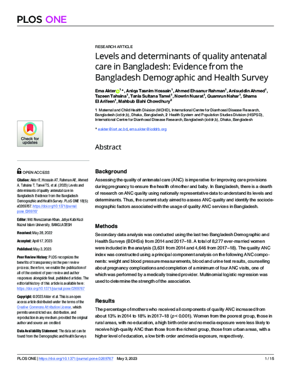 (PDF) Levels and determinants of quality antenatal care in Bangladesh ...