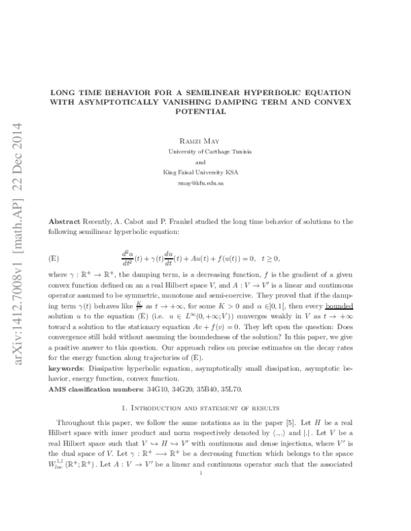 (PDF) Long time behavior for a semilinear hyperbolic equation with ...