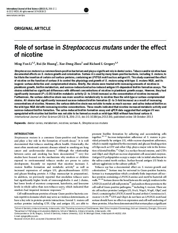 (PDF) Role of sortase in Streptococcus mutans under the effect of nicotine