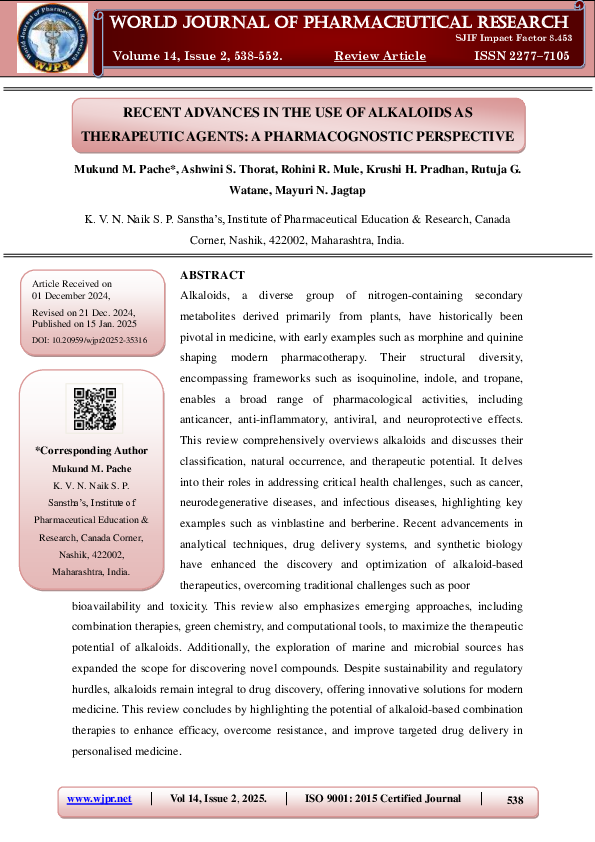 (PDF) Recent Advances in the Use of Alkaloids as Therapeutic Agents: A ...