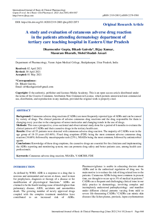 (PDF) A study and evaluation of cutaneous adverse drug reaction in the ...
