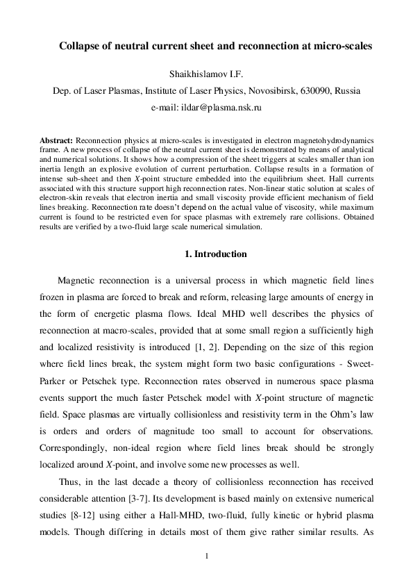 (PDF) Collapse of the neutral current sheet and reconnection at micro ...