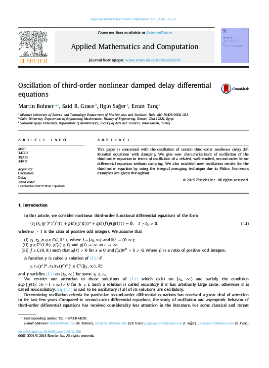 (PDF) Oscillation of third-order nonlinear damped delay differential ...
