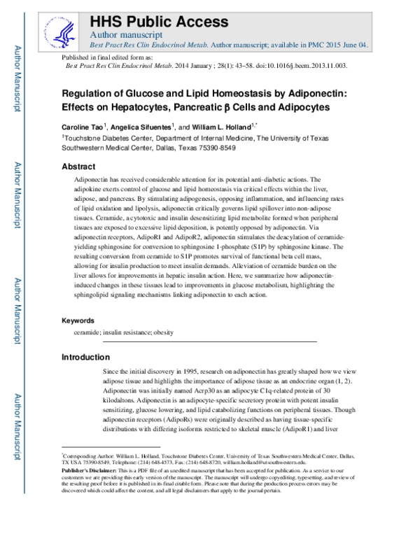 (PDF) Regulation of glucose and lipid homeostasis by adiponectin ...