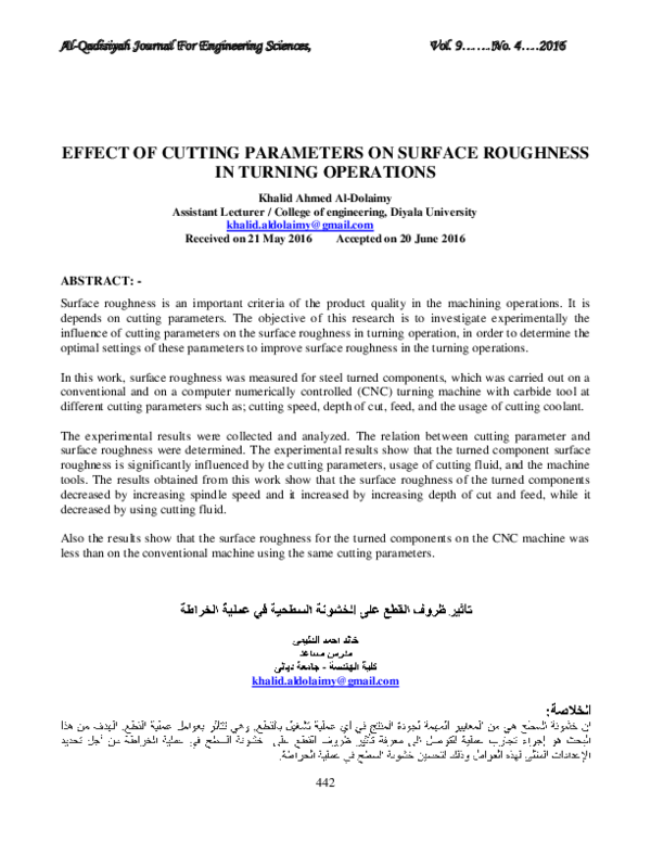 (PDF) EFFECT OF CUTTING PARAMETERS ON SURFACE ROUGHNESS IN TURNING ...
