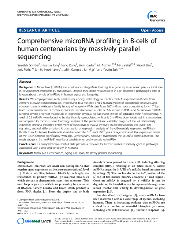 (PDF) Comprehensive microRNA profiling in B-cells of human centenarians ...