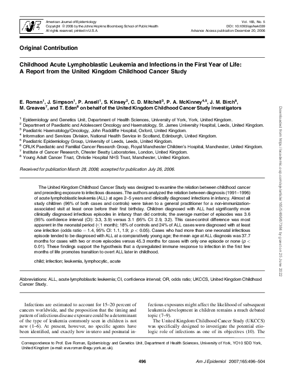 (PDF) Childhood Acute Lymphoblastic Leukemia and Infections in the ...
