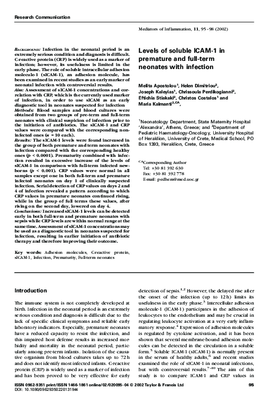 (PDF) Levels of soluble ICAM-1 in premature and full-term neonates with ...