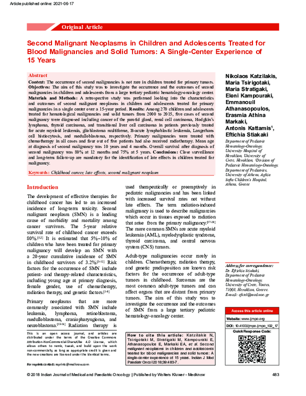 (PDF) Second Malignant Neoplasms in Children and Adolescents Treated ...