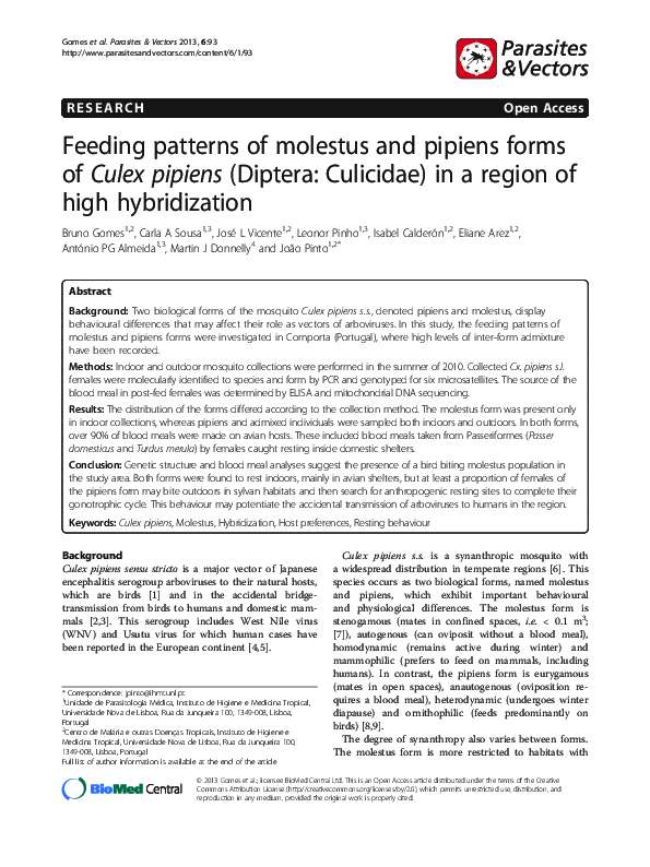 (PDF) Feeding patterns of molestus and pipiens forms of Culex pipiens ...