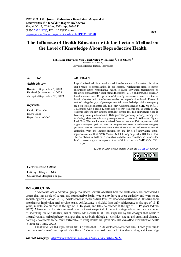 (PDF) The Influence of Health Education with the Lecture Method on the ...