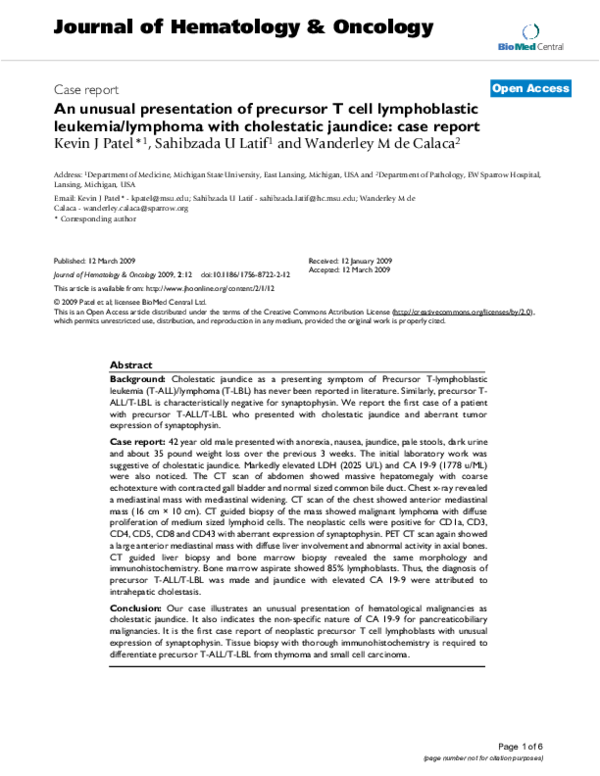 (PDF) An unusual presentation of precursor T cell lymphoblastic ...